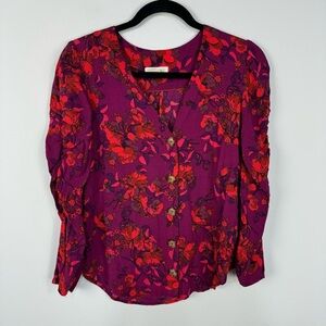 Maeve Anthropologie Multicolor Floral V Neck Button Front Puff Sleeve Blouse